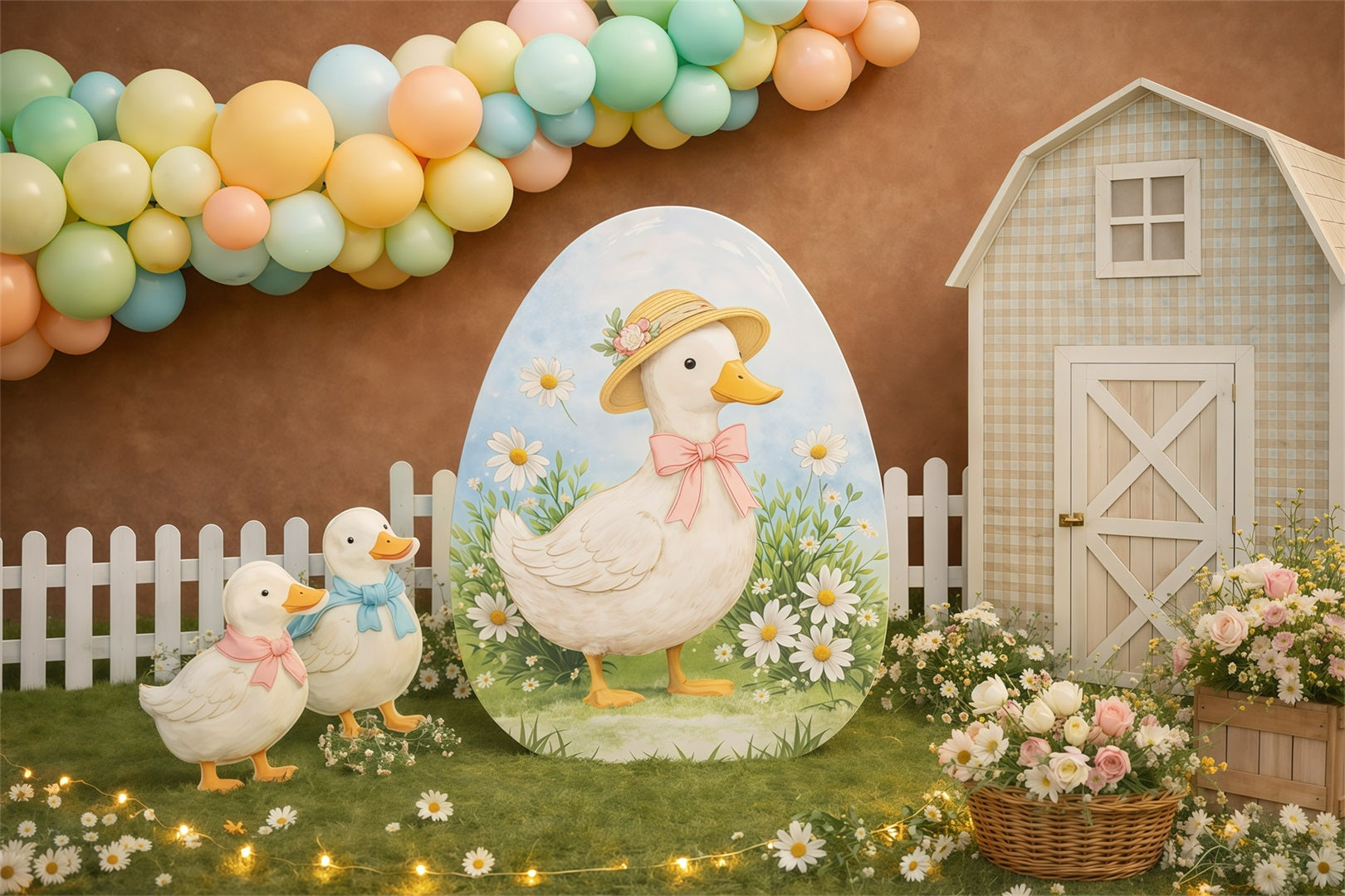 Easter Backdrop With Balloons Cute Duck Farm Daisies Backdrop For Easter UK GQ61-22
