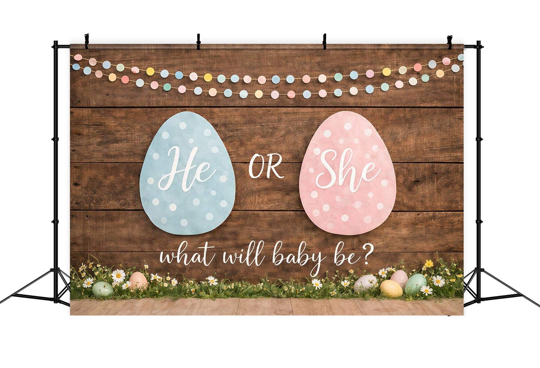 Easter Gender Reveal Backdrop Pastel Eggs Wood Daisies Easter Themed Backdrop UK GQ61-24