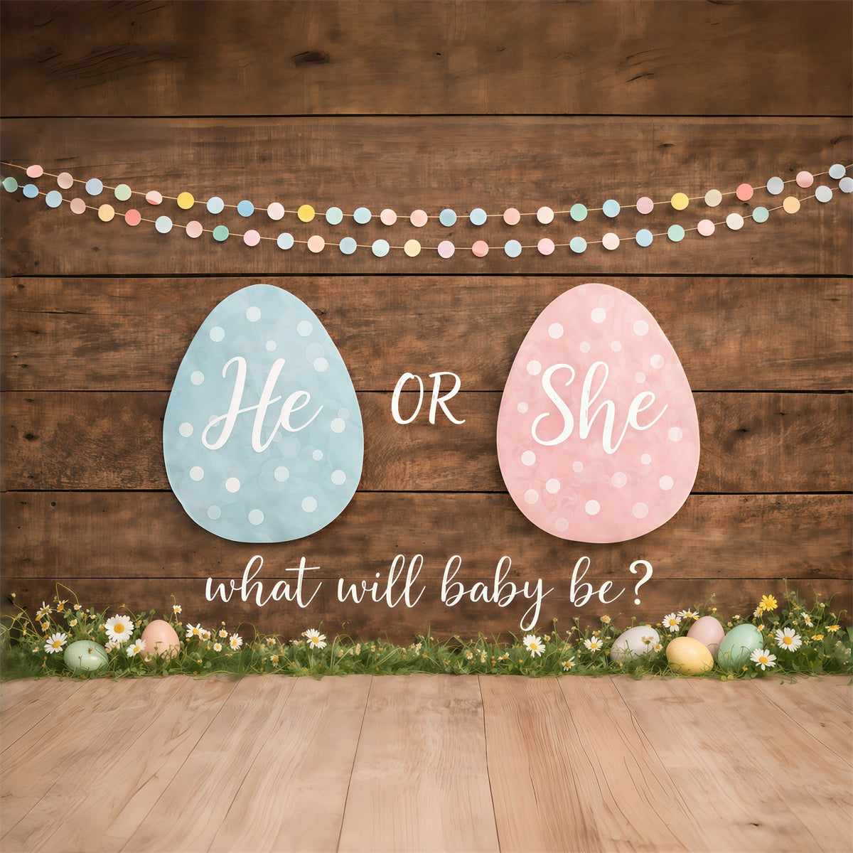 Easter Gender Reveal Backdrop Pastel Eggs Wood Daisies Easter Themed Backdrop UK GQ61-24