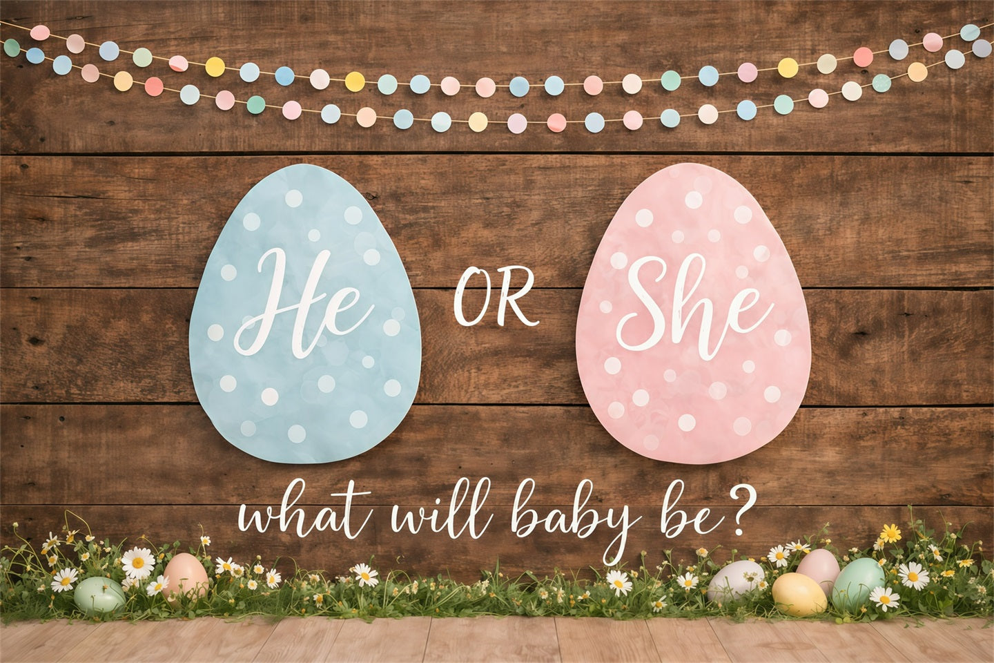 Easter Gender Reveal Backdrop Pastel Eggs Wood Daisies Easter Themed Backdrop UK GQ61-24