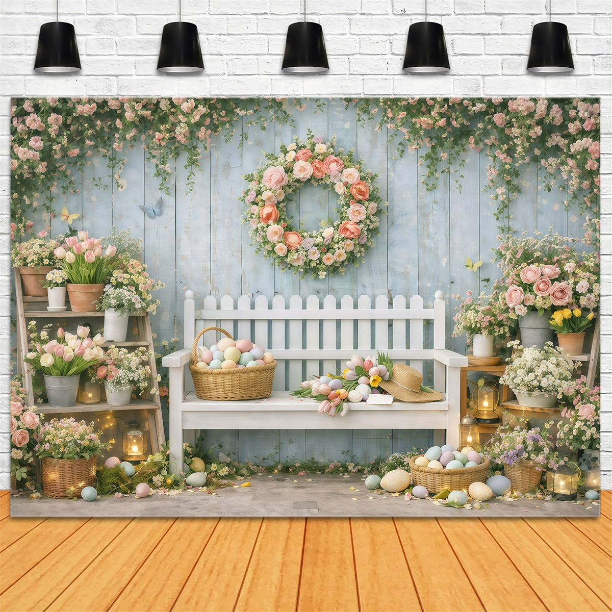 Easter Backdrop With Bench Spring Flower Market Garden Easter Backdrop For Photos UK GQ61-33