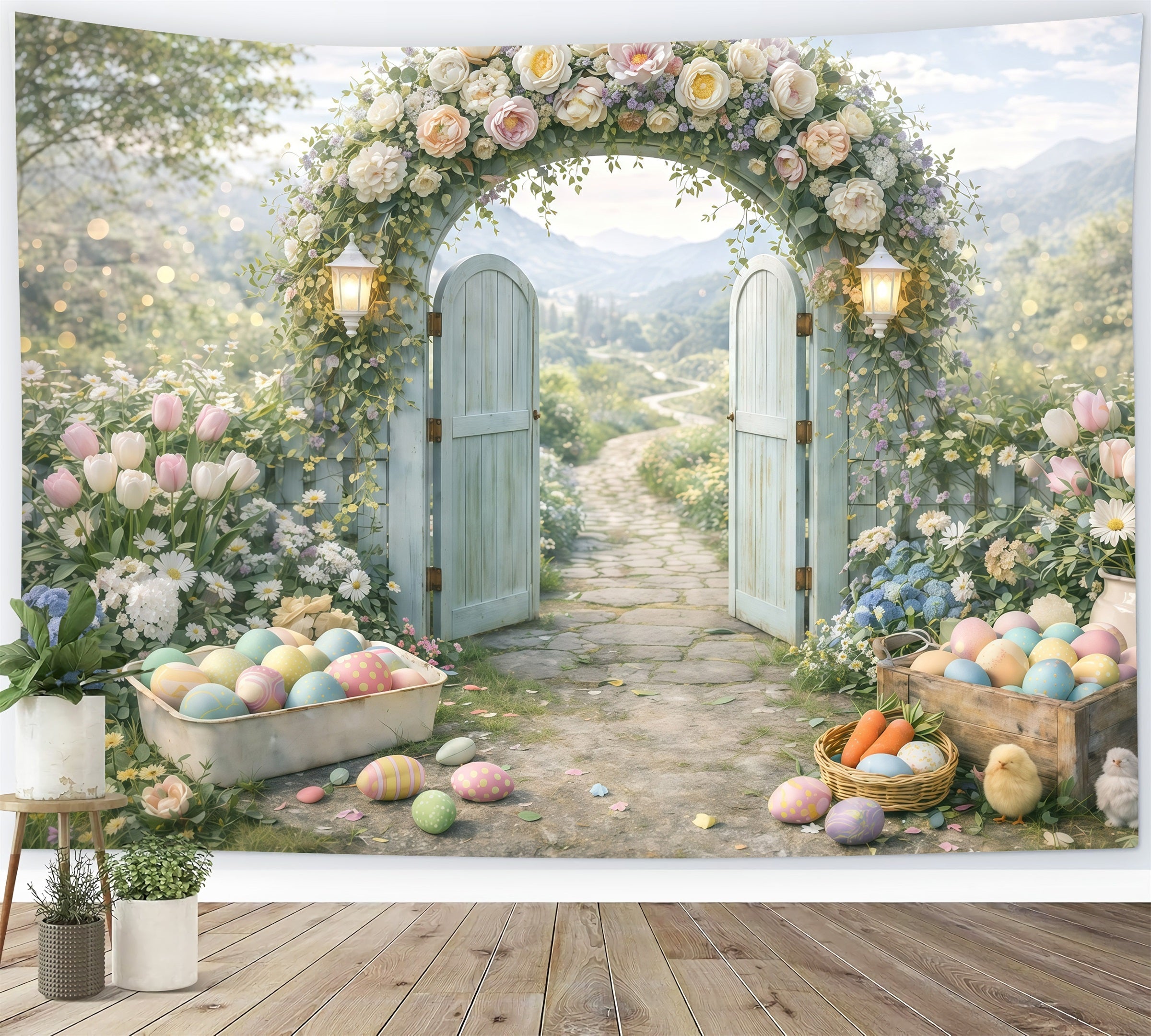 Easter Flower Backdrop Spring Garden Arch Entrance Egg Photo Backdrop Easter UK GQ61-44