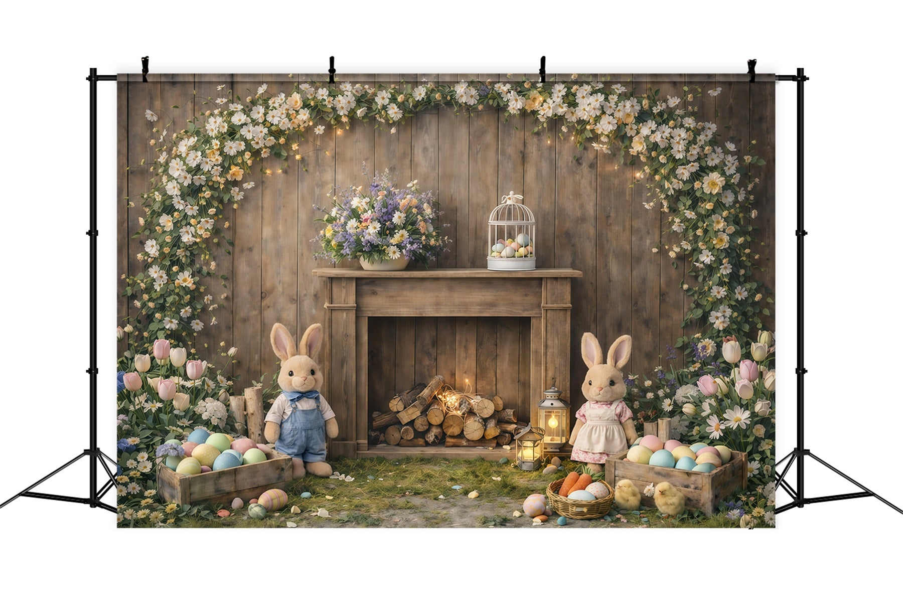 Peter Rabbit Backdrop Rustic Mantel Bunny Flowers Easter Backdrop For Photography UK GQ61-45