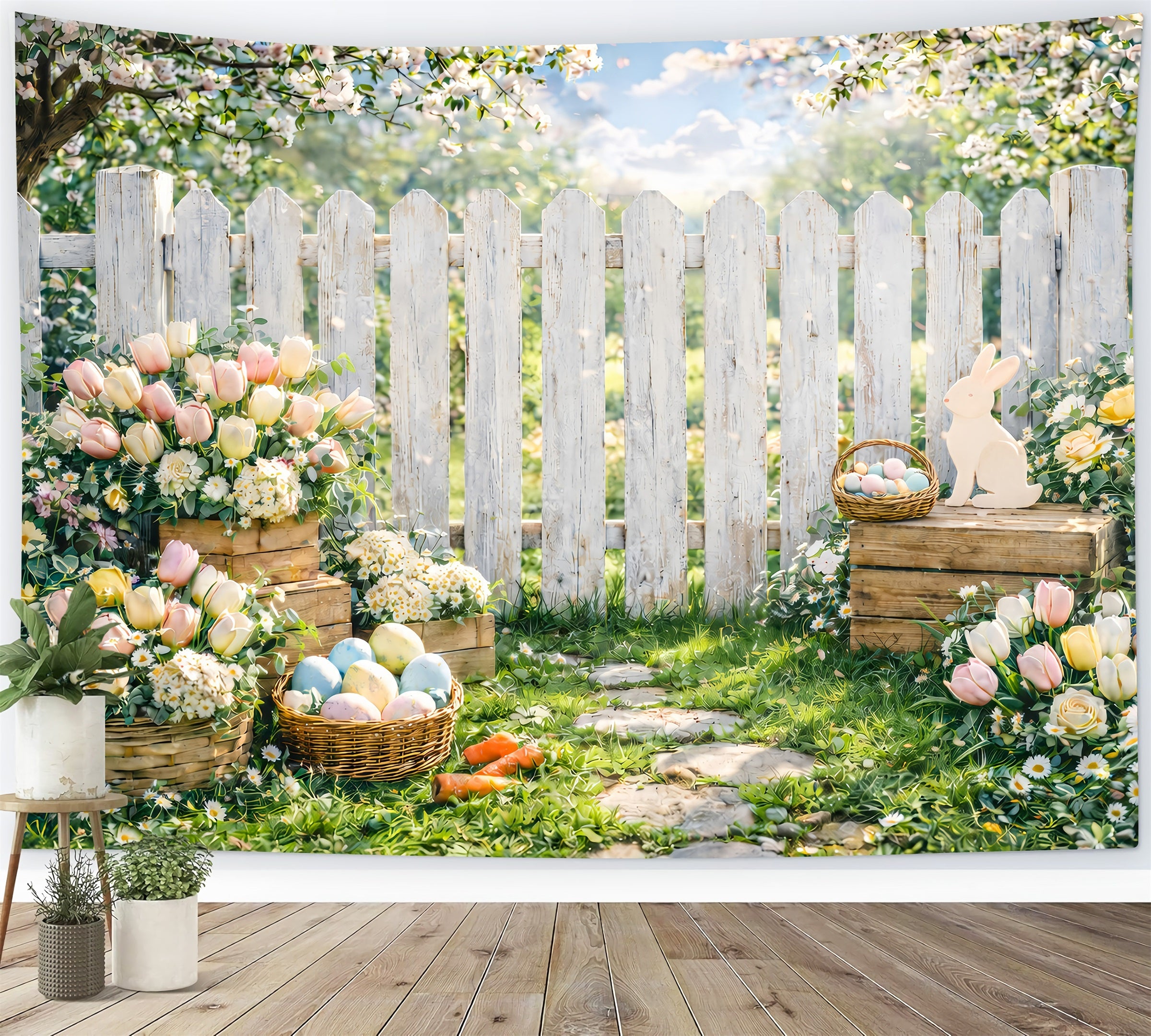 Easter Spring Backdrop Garden Picket Fence Cherry Blossom Easter Backdrop Photo UK GQ61-50