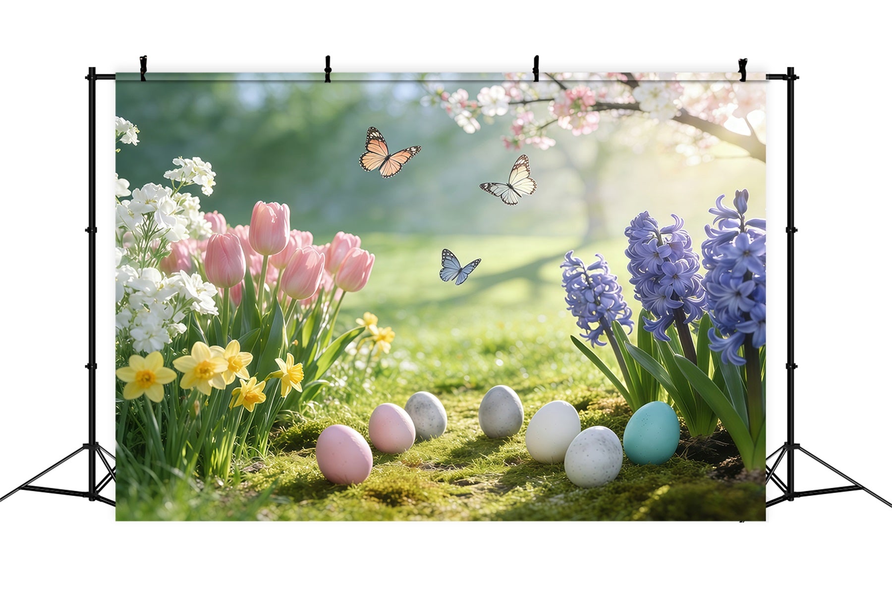 Easter Natural Backdrop Photography Spring Meadow Butterflies Eggs Easter Backdrops UK GQ61-53