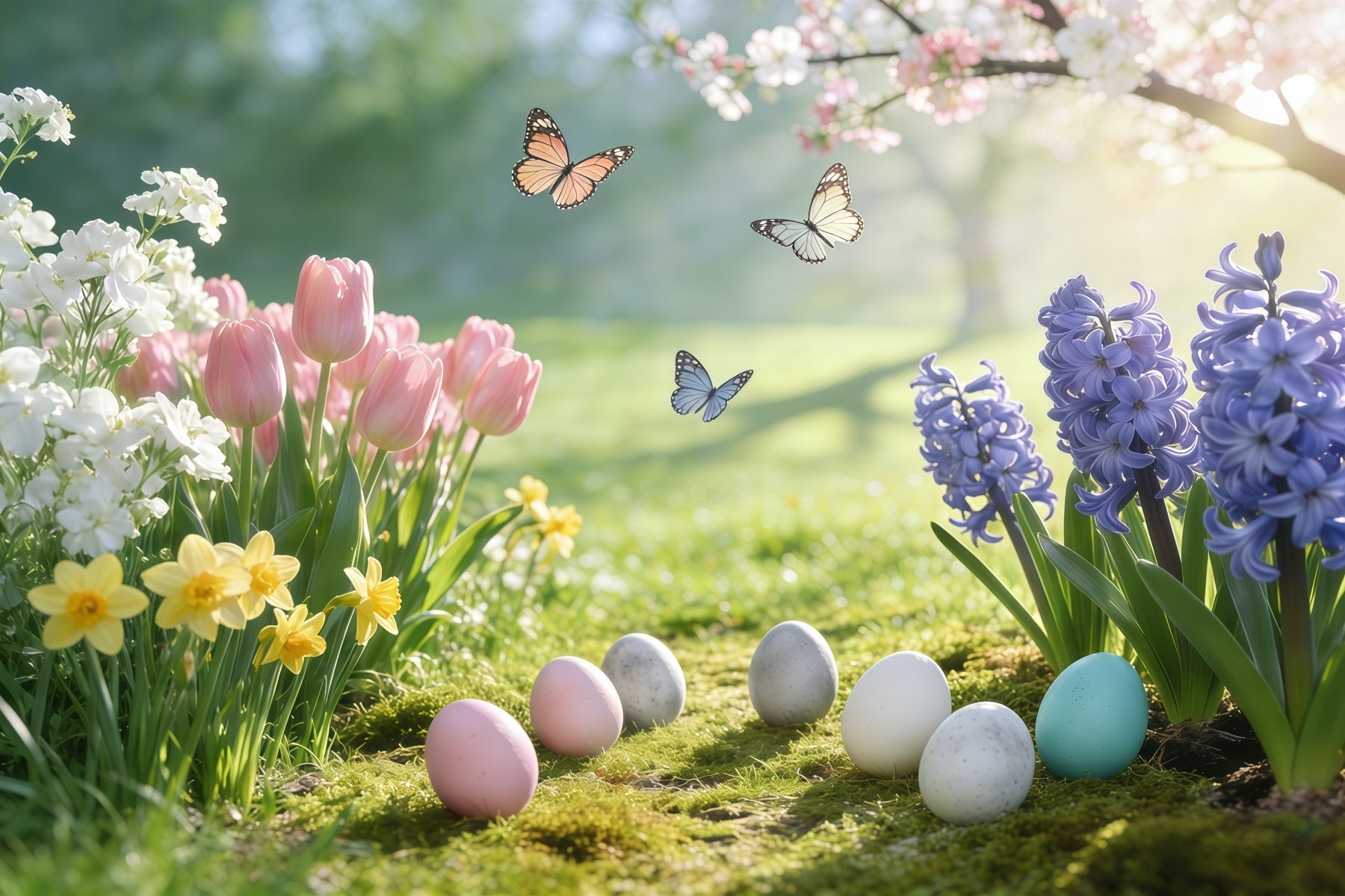 Easter Natural Backdrop Photography Spring Meadow Butterflies Eggs Easter Backdrops UK GQ61-53