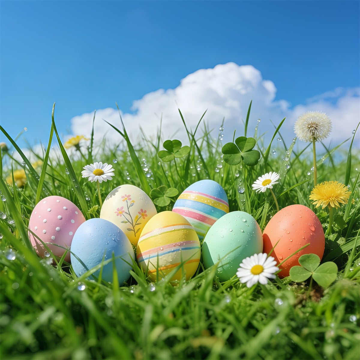 Easter Blue Sky Backdrop Spring Grass Pastel Eggs Photo Booth Easter Backdrop Ideas UK GQ61-65