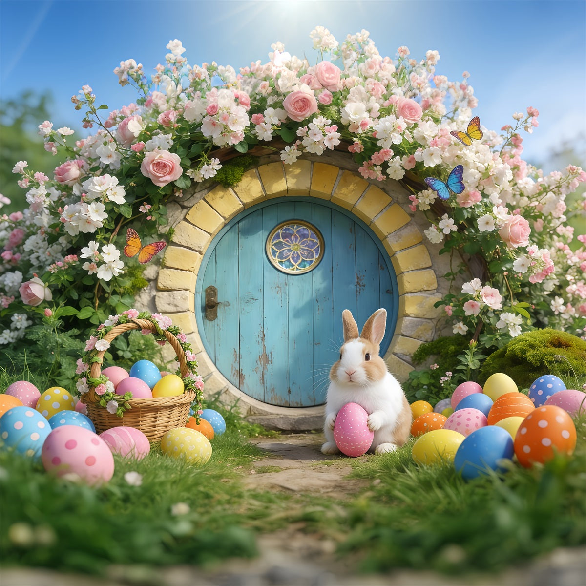 Easter Bunny Burrow Backdrop Fairytale House Flower Arch Easter Backdrop Photos UK GQ61-68