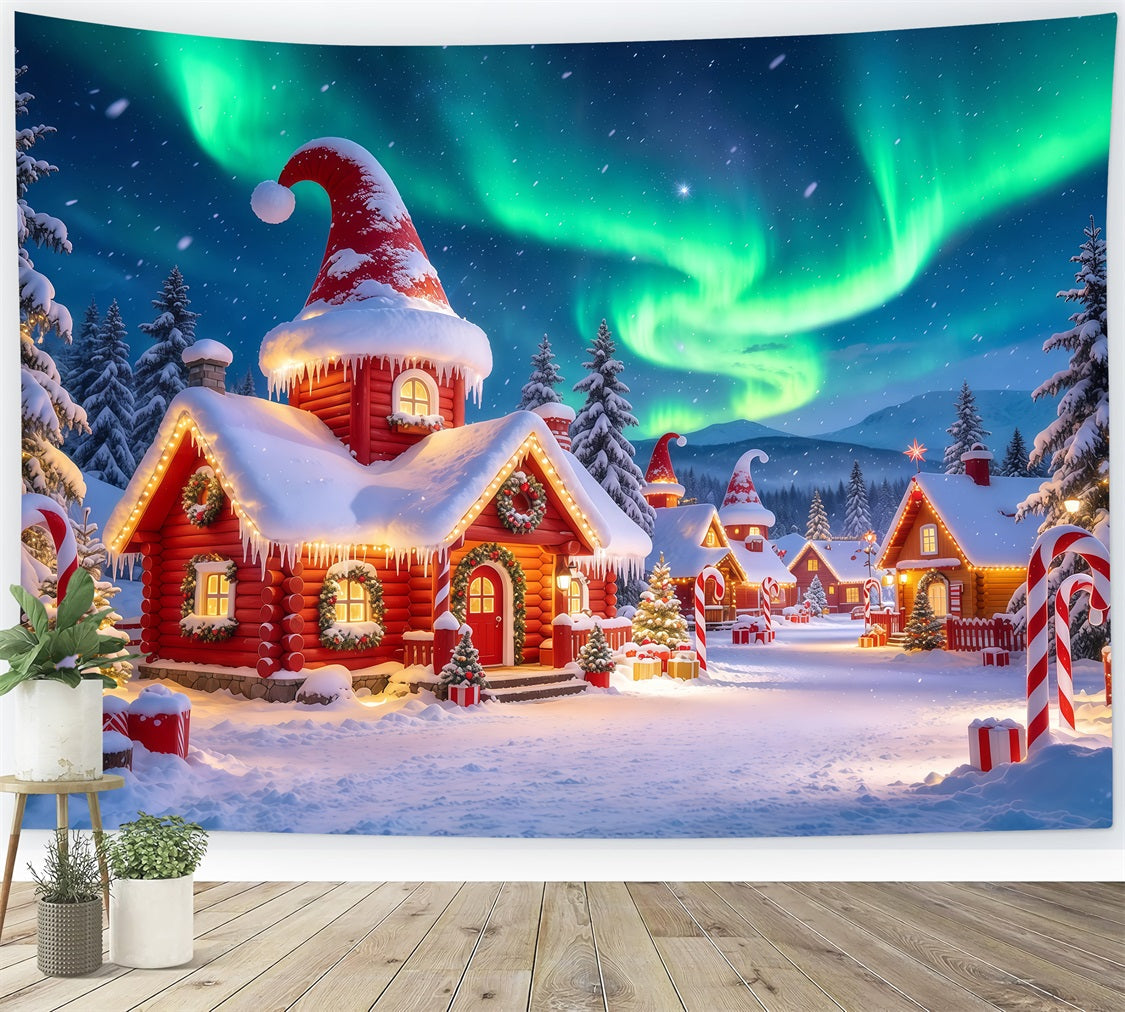 Christmas Elf Backdrop Aurora Borealis Snowy Village Christmas Photos Backdrop UK GQ610-102