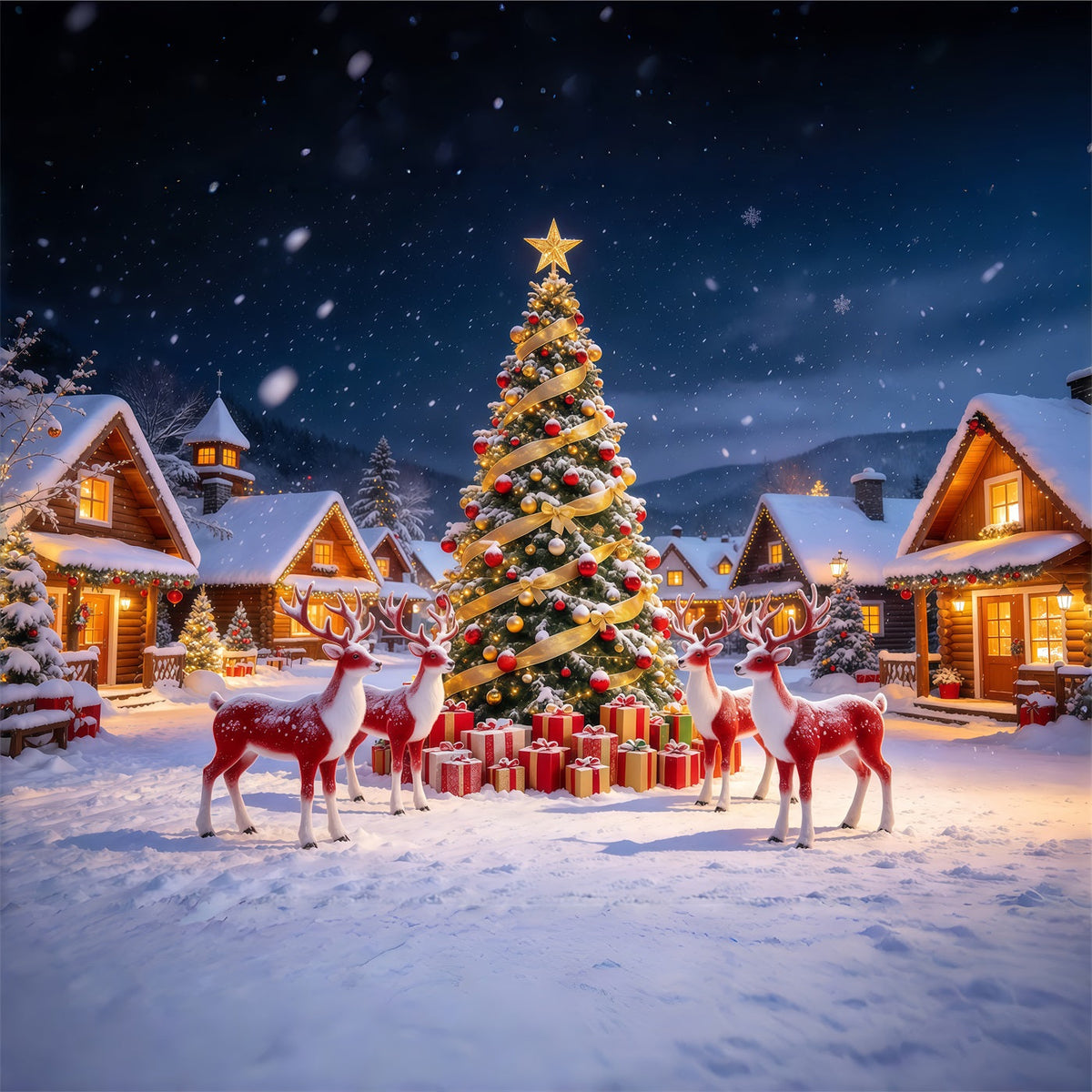 Retro Christmas Backdrop Reindeer Snowy Village Reindeer Photo Backdrop UK GQ610-105
