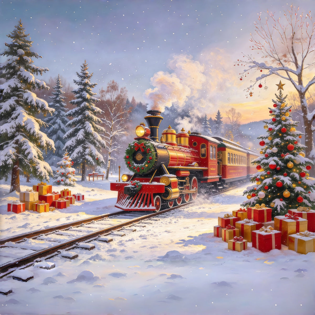 Professional Christmas Backdrop Red Steam Train Snowfall Christmas Village Backdrop UK GQ610-107