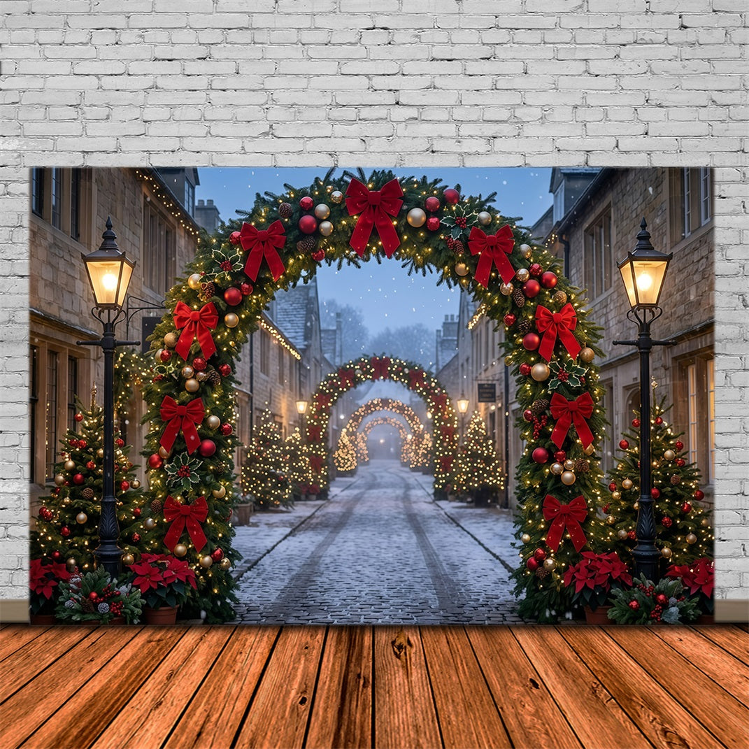 Christmas Lights Photo Backdrop Cobblestone Red Bow Archway Christmas Photo Wall Backdrop UK GQ610-115