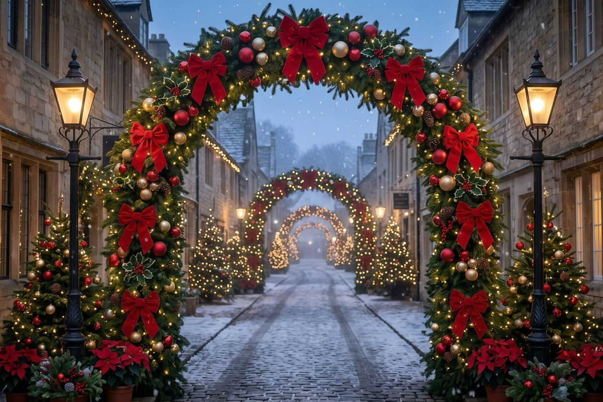 Christmas Lights Photo Backdrop Cobblestone Red Bow Archway Christmas Photo Wall Backdrop UK GQ610-115
