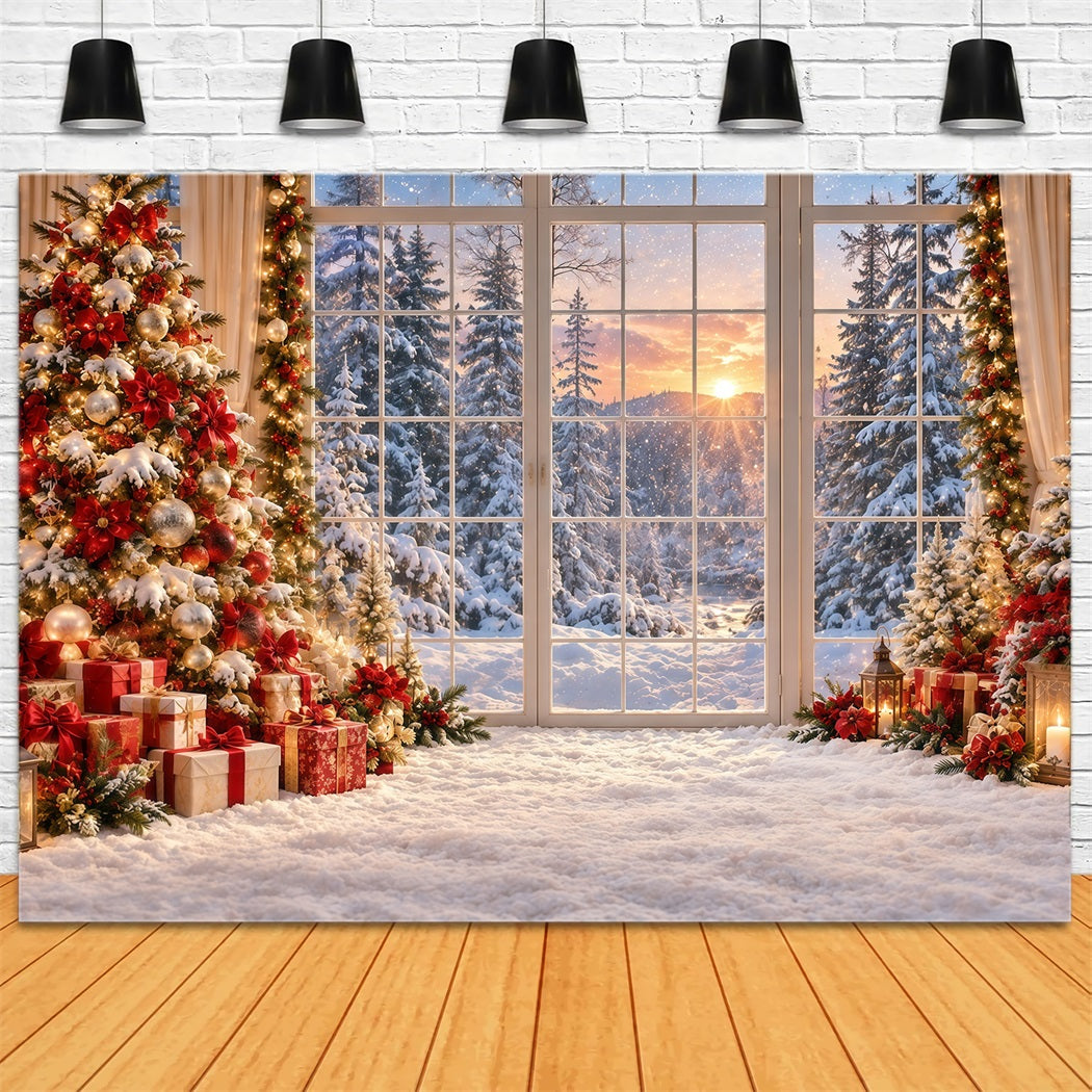 Christmas Forest Backdrop Golden Sunset Snowy Window Christmas Backdrop for Photo UK GQ610-123