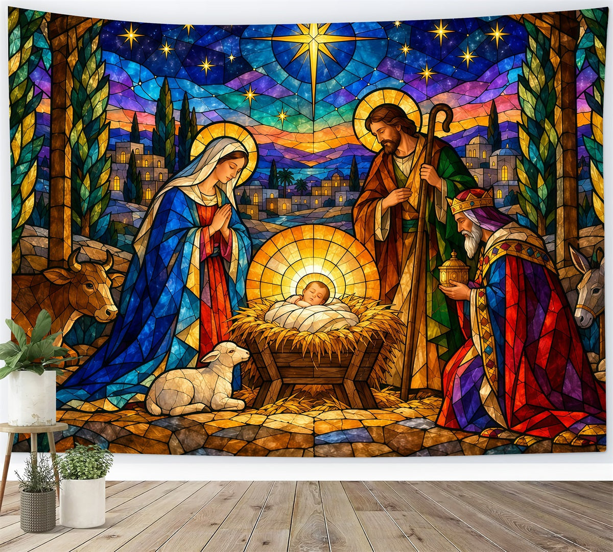 Nativity Scene Backdrop Colorful Stained Glass Star Christmas Backdrop Sale UK GQ610-127