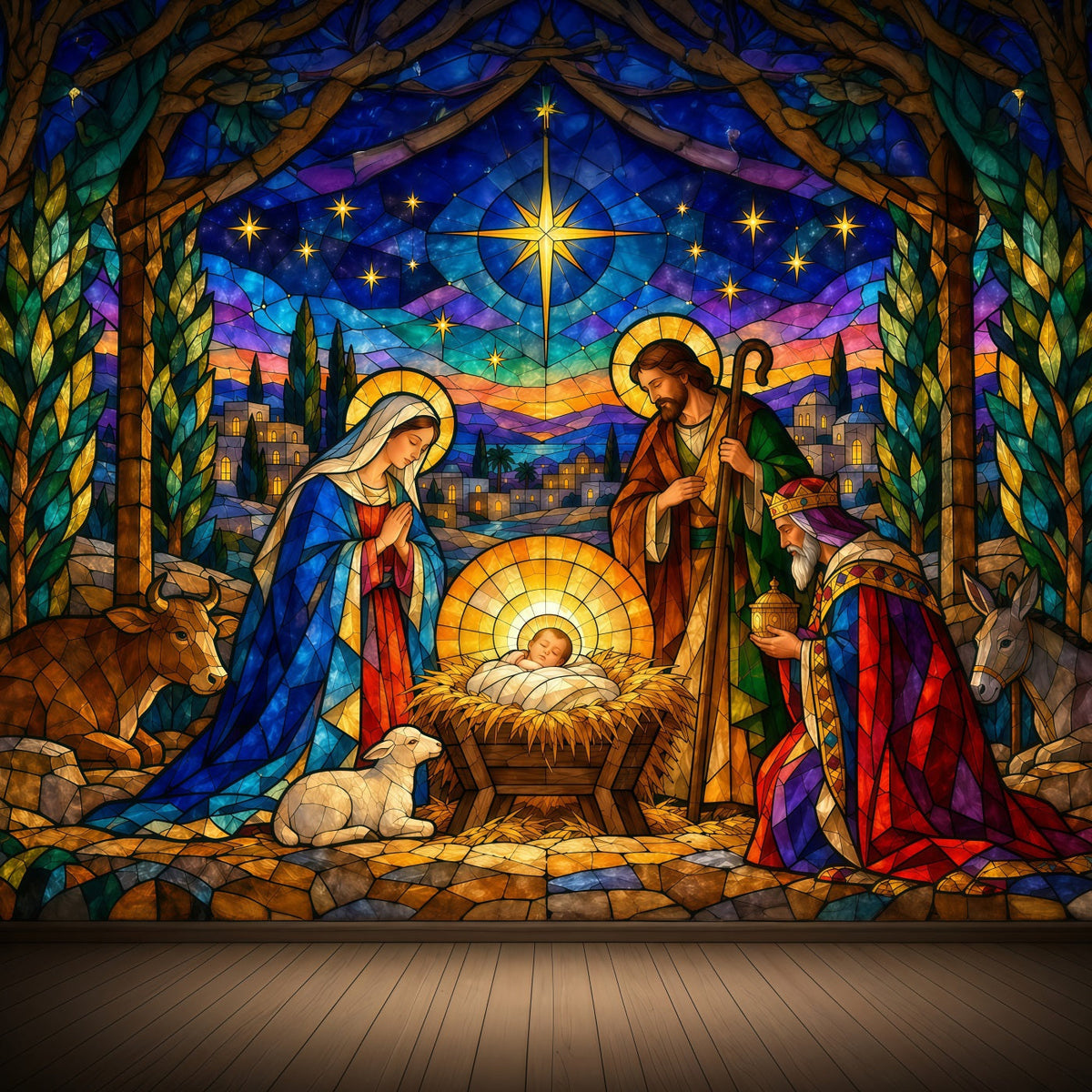 Nativity Scene Backdrop Colorful Stained Glass Star Christmas Backdrop Sale UK GQ610-127