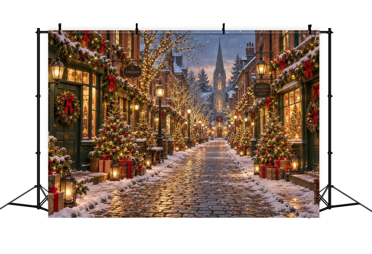 Christmas Village Backdrops Festive Snowy Cobblestone Street Backdrops for Christmas Photos UK GQ610-129