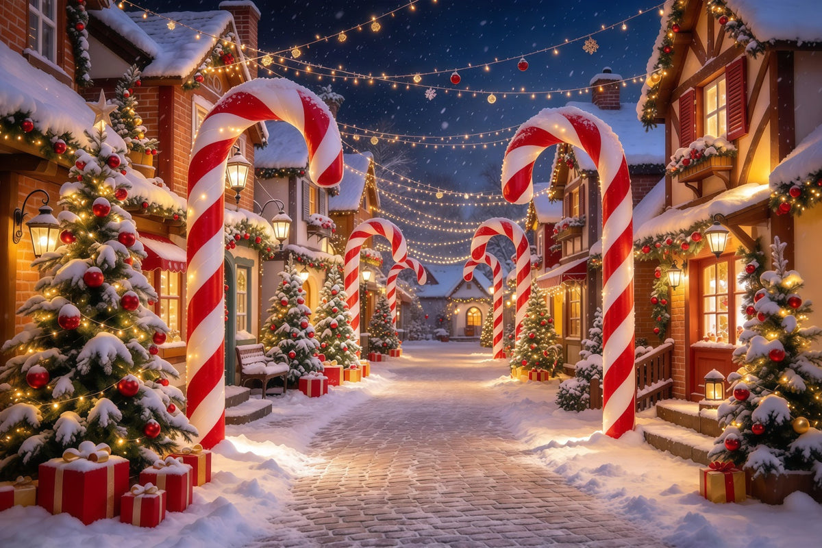Christmas Village Backdrops Candy Cane Snowy Street Photography Christmas Backdrops UK GQ610-14