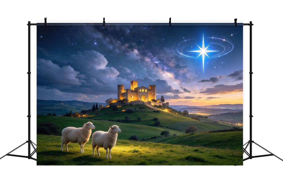 Nativity Scene Backdrop Starry Castle Sheep Meadow Christmas Backdrop Photography UK GQ610-15