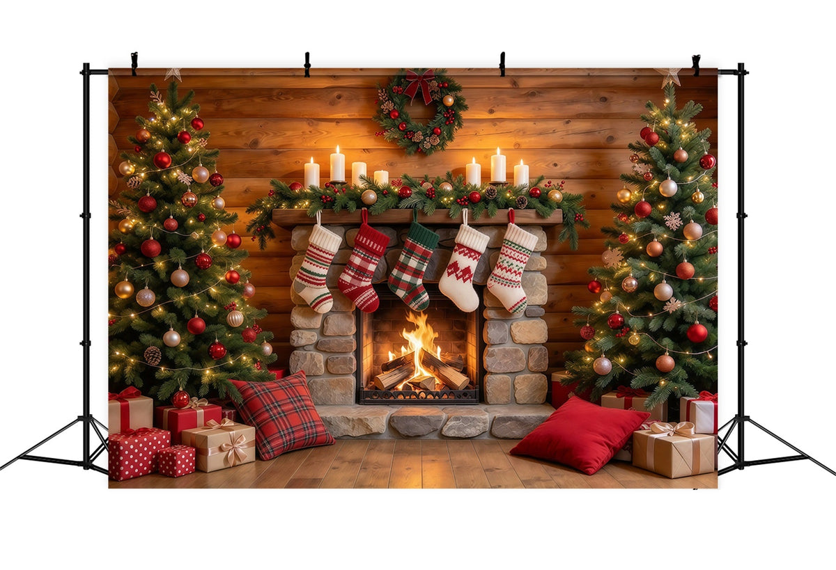 Christmas Fireplace Backdrop Rustic Stone Fireplace Stockings Christmas Backdrop for Photography UK GQ610-24