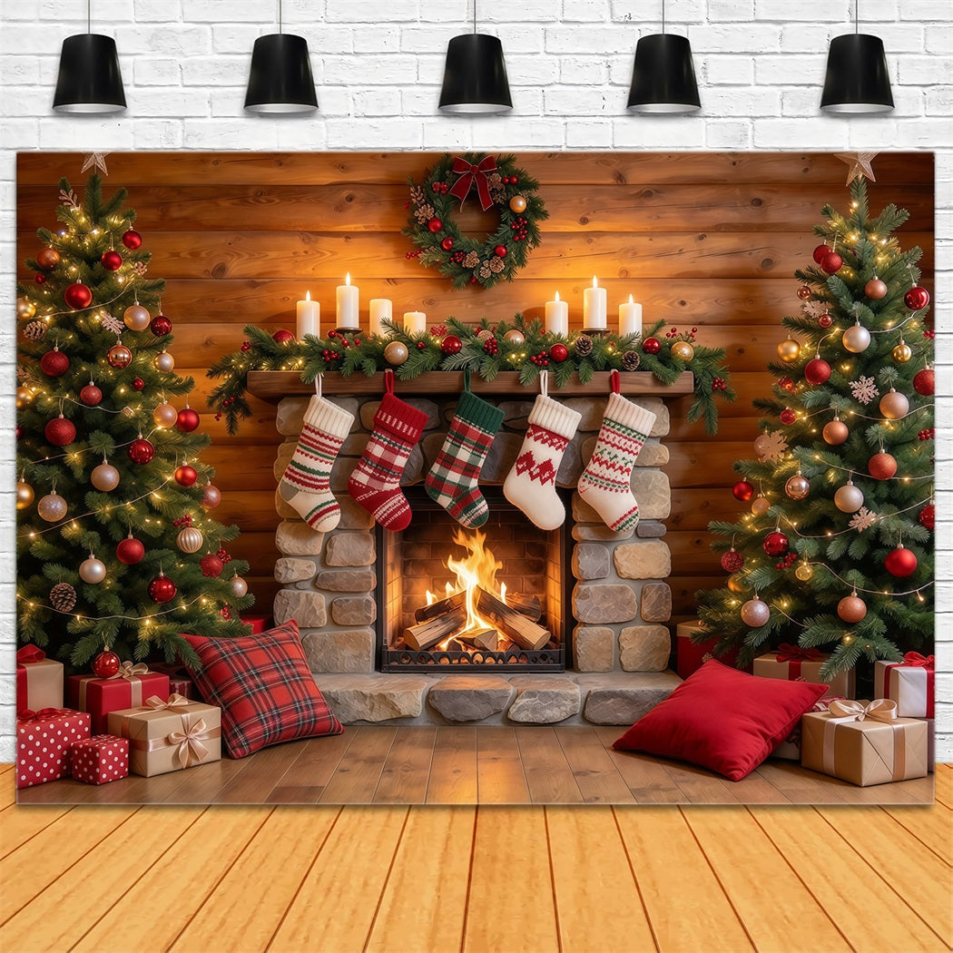 Christmas Fireplace Backdrop Rustic Stone Fireplace Stockings Christmas Backdrop for Photography UK GQ610-24