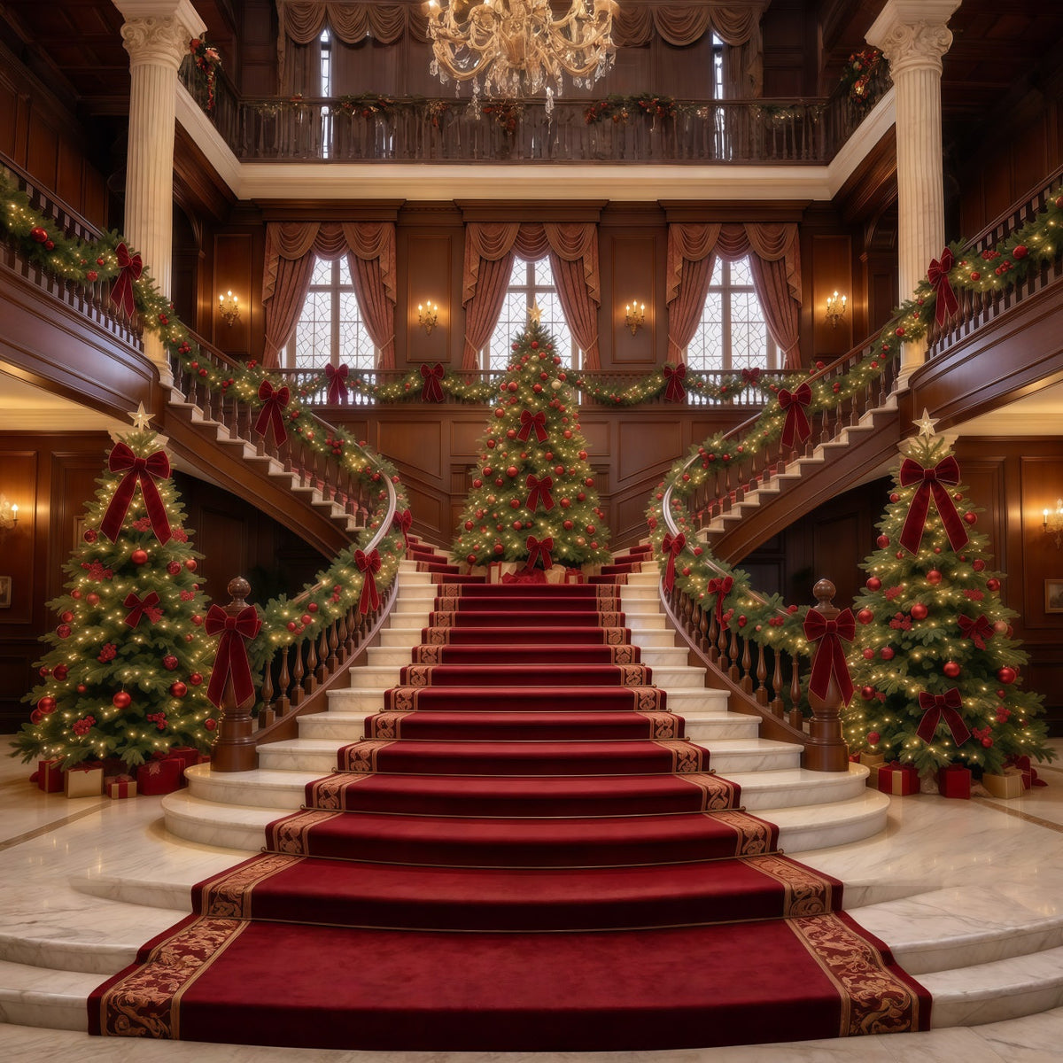 Living Room Christmas Backdrop Marble Staircase Evergreen Elegance Christmas Wall Backdrop UK GQ610-28