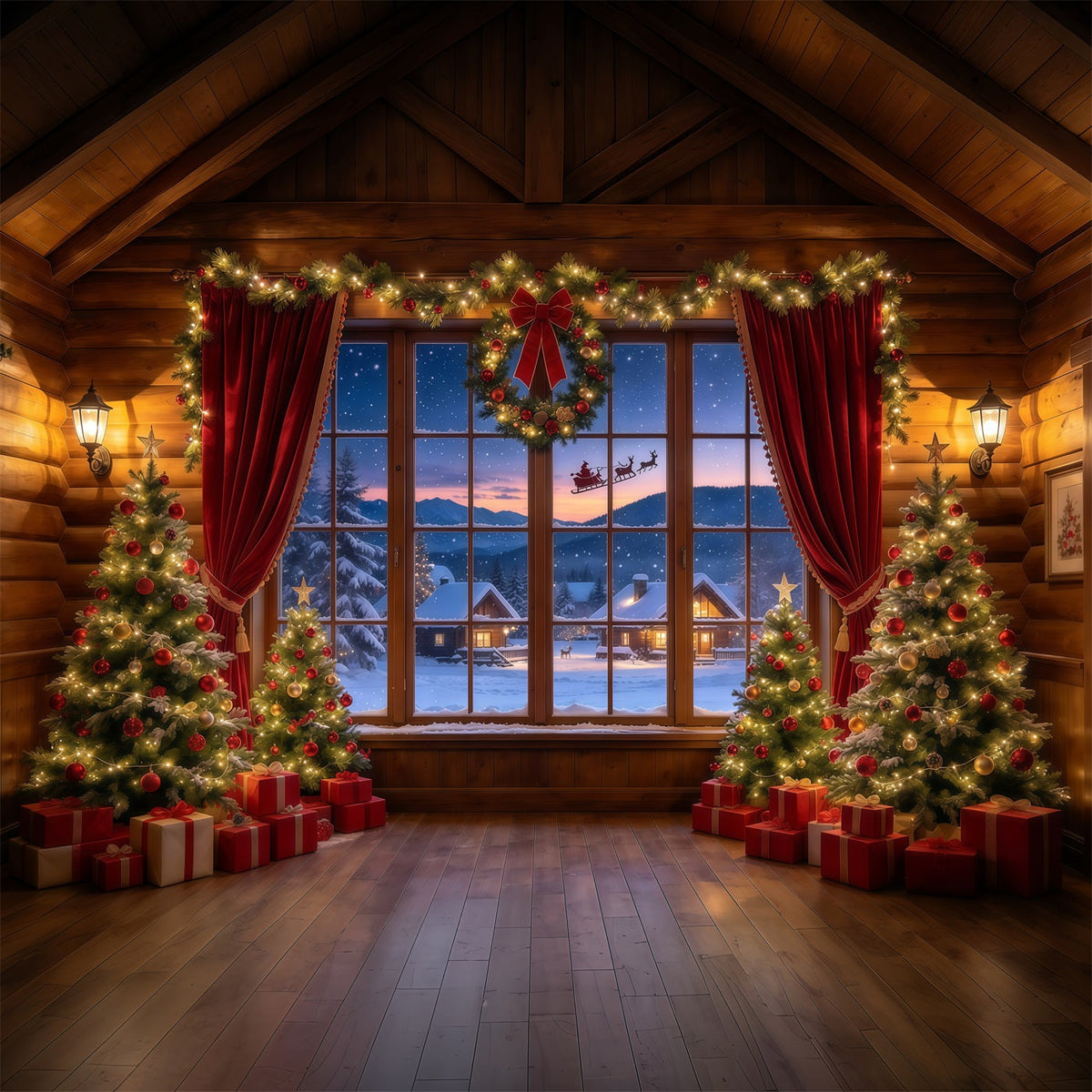 Santa Backdrop Rustic Cabin Sleigh Window Christmas Backdrops UK GQ610-3
