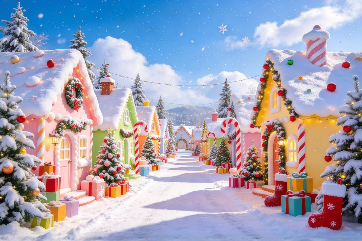 Christmas Village Backdrops Pastel Candy Cottage Snow Christmas Photo Backdrop UK GQ610-31