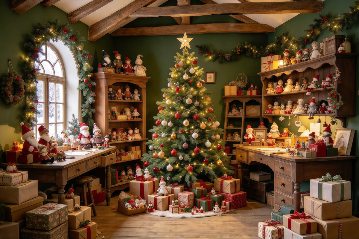 Santa Backdrop Rustic Toy Workshop Display Christmas Backdrop UK GQ610-32