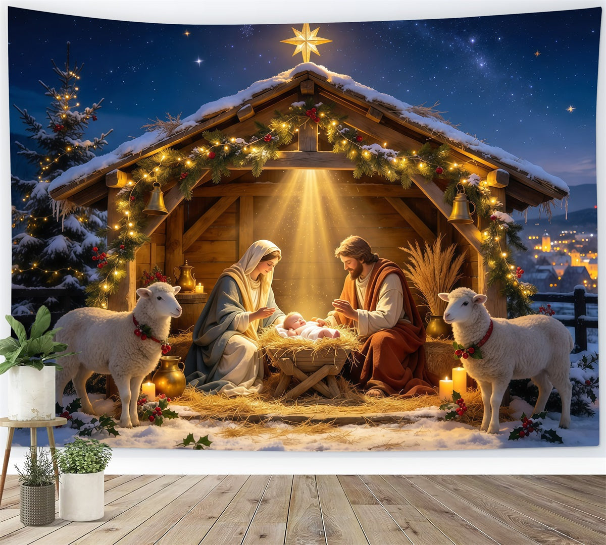Nativity Scene Backdrop Golden Star Manger Stable Christmas Photo Backdrops UK GQ610-34