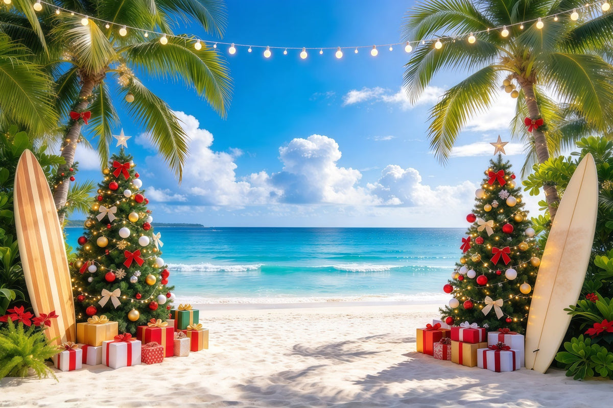 Tropical Christmas Backdrop Palm Tree Surfboard Beach Christmas Backdrops for Photos UK GQ610-37