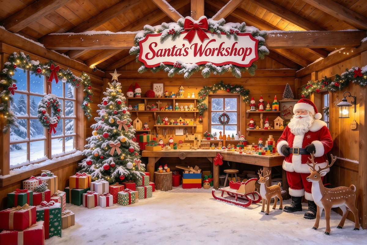 Santa Workshop Backdrop Rustic Toymaking Cabin Interior Christmas Backdrops for Photography UK GQ610-39