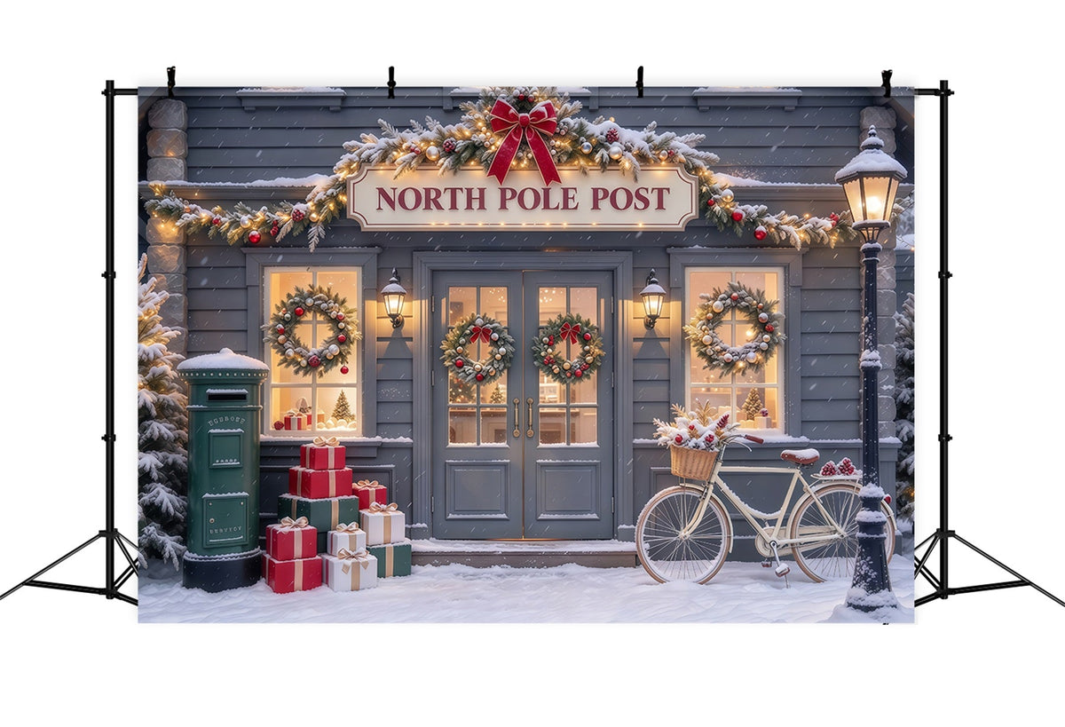 North Pole Photo Backdrop Snowy Post Office Bicycle Christmas Photography Backdrops UK GQ610-43