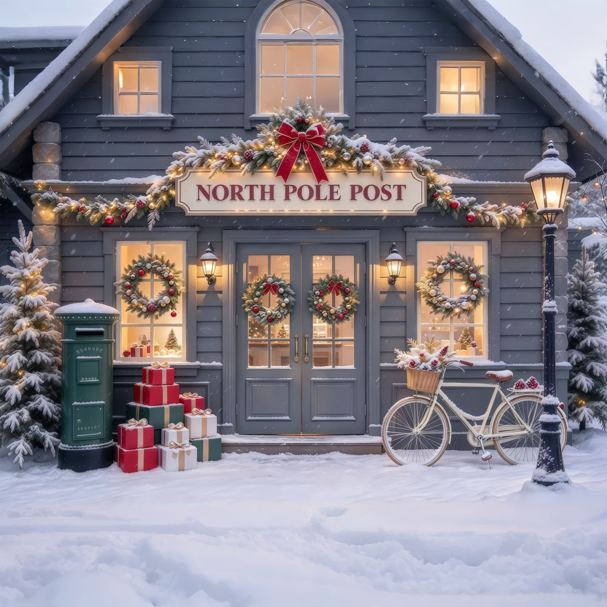 North Pole Photo Backdrop Snowy Post Office Bicycle Christmas Photography Backdrops UK GQ610-43