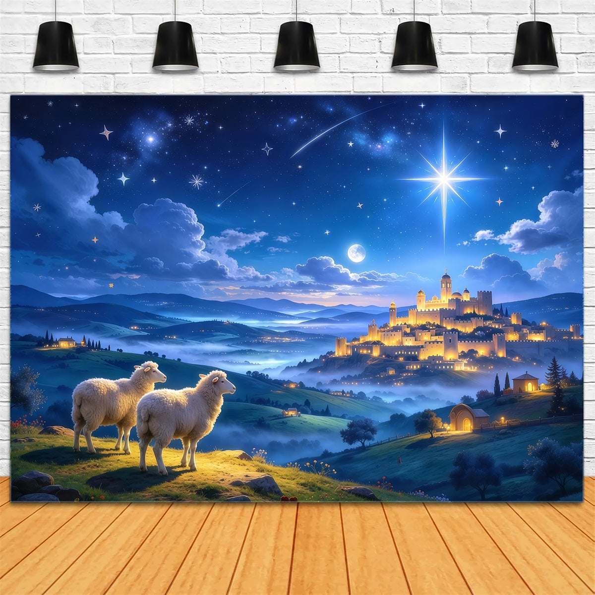 Nativity Scene Backdrop Starlit Castle Shepherd Sheep Christmas Backdrop Photography UK GQ610-45