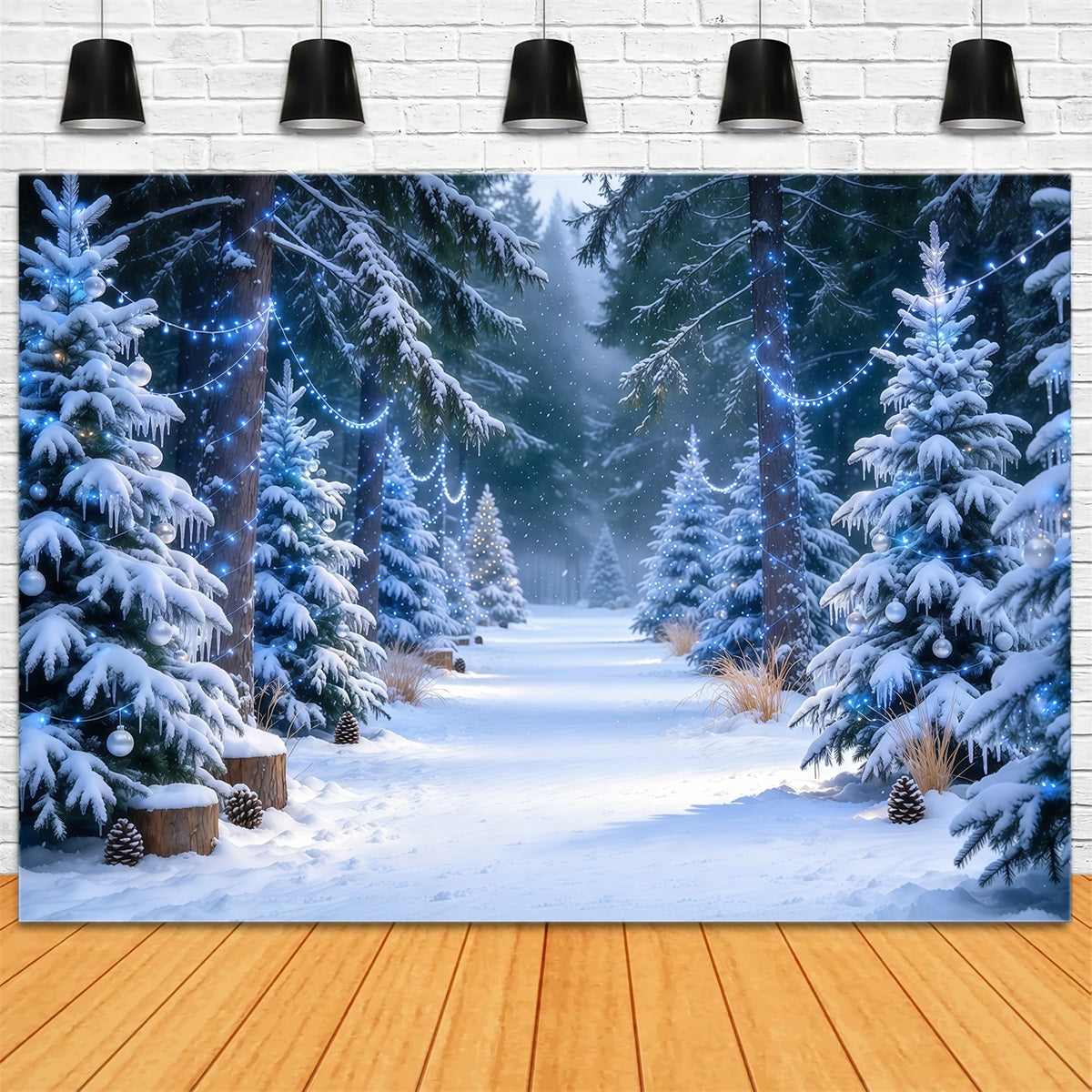 Christmas Tree Farm Backdrop Blue Glow Snowy Pine Forest Christmas Tree Backdrops UK GQ610-46