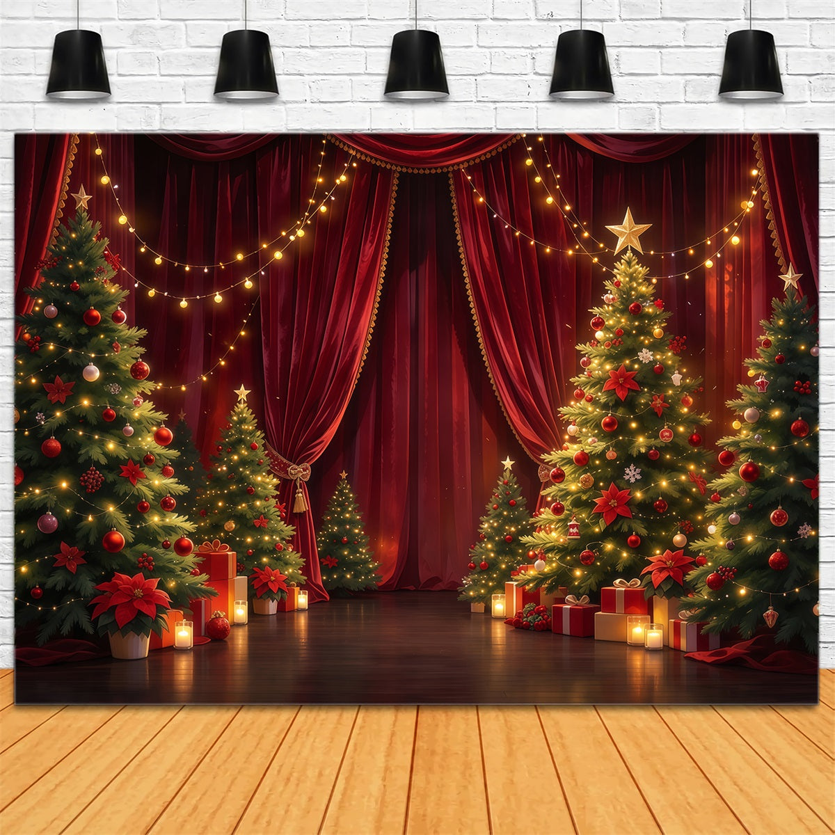 Christmas Backdrop for Photography Crimson Curtain Evergreen Display Christmas Stage Backdrops UK GQ610-49