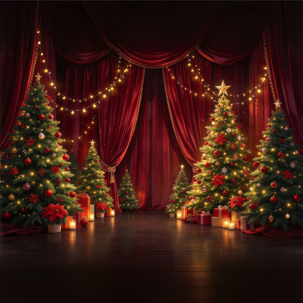 Christmas Backdrop for Photography Crimson Curtain Evergreen Display Christmas Stage Backdrops UK GQ610-49