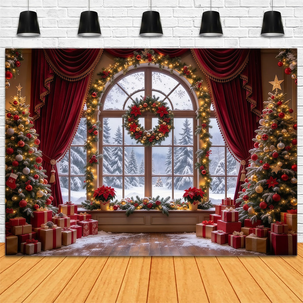Christmas Backdrops Burgundy Curtain Wreath Window Christmas Backdrop for Photos UK GQ610-5
