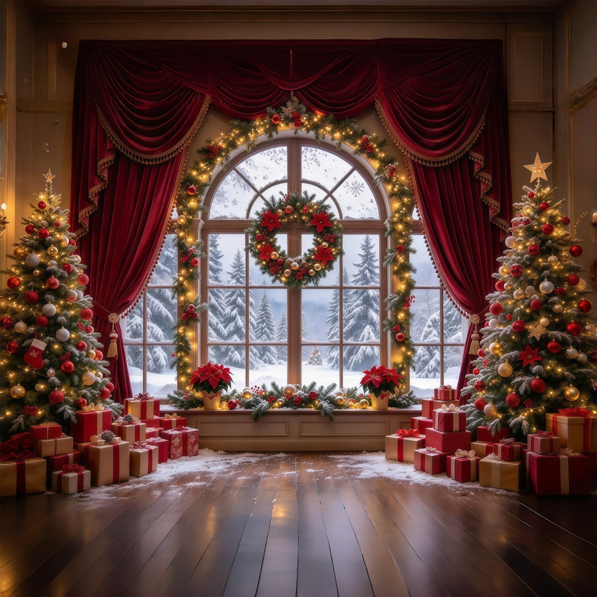 Christmas Backdrops Burgundy Curtain Wreath Window Christmas Backdrop for Photos UK GQ610-5