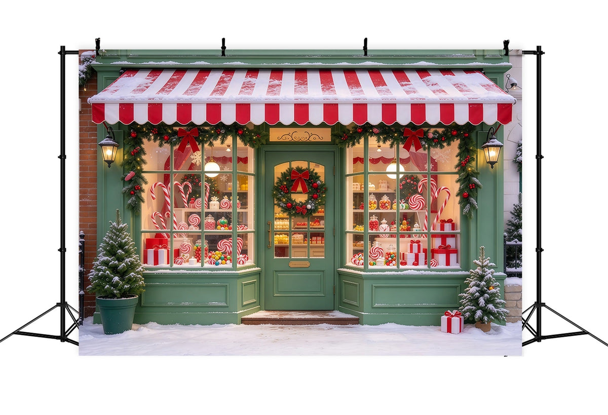 Christmas Candy Cane Backdrop Snow Green Sweetshop Facade Merry Christmas Backdrop UK GQ610-50