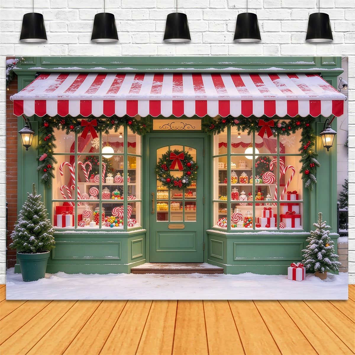 Christmas Candy Cane Backdrop Snow Green Sweetshop Facade Merry Christmas Backdrop UK GQ610-50
