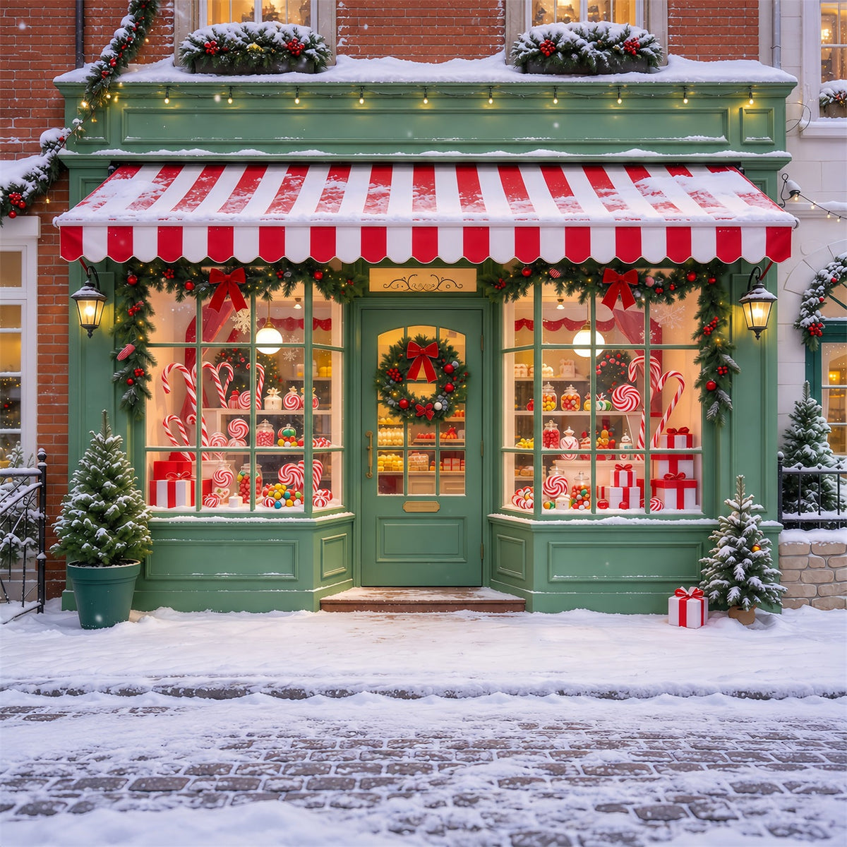 Christmas Candy Cane Backdrop Snow Green Sweetshop Facade Merry Christmas Backdrop UK GQ610-50