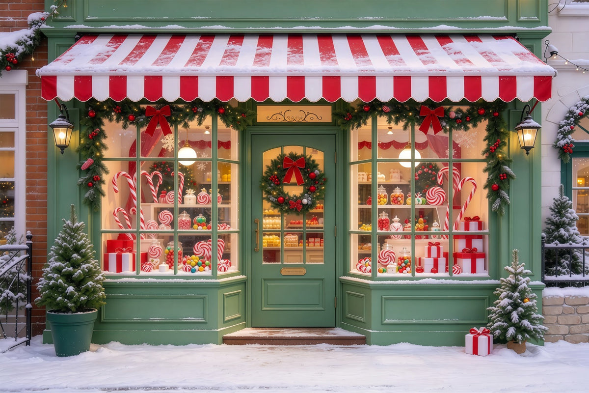 Christmas Candy Cane Backdrop Snow Green Sweetshop Facade Merry Christmas Backdrop UK GQ610-50