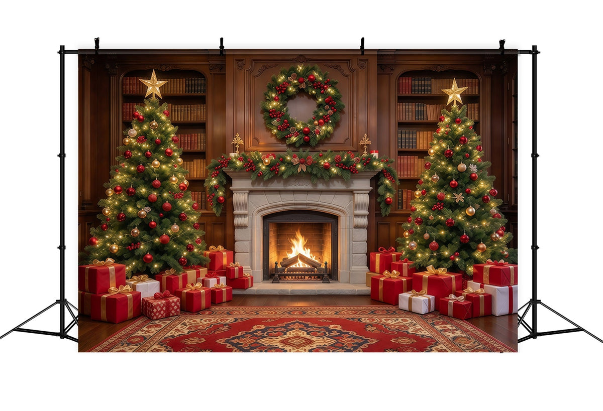 Christmas Backdrops for Photography Twin Trees Festive Fireplace Christmas Fireplace Backdrop UK GQ610-51