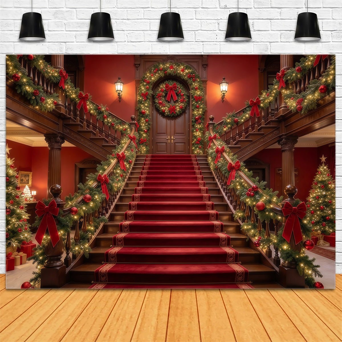 Christmas Scene Backdrop Garland Red Carpet Staircase Christmas Staircase Backdrop UK GQ610-55