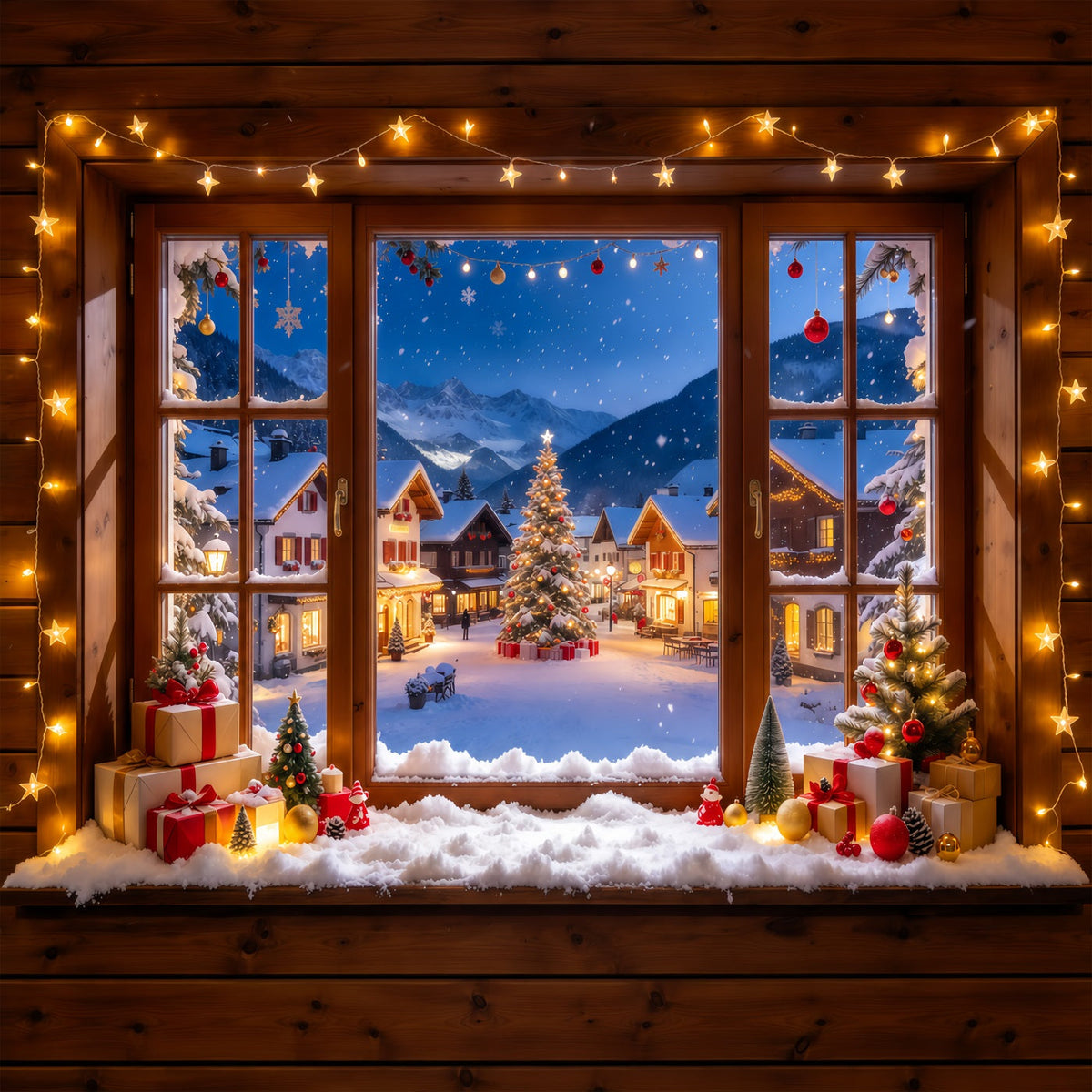 Winter Christmas Backdrop Snowy Alpine House Window Christmas Village Backdrops UK GQ610-57