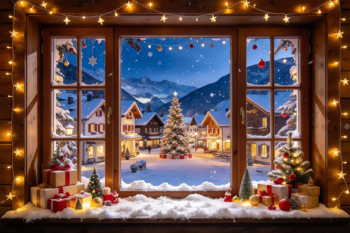 Winter Christmas Backdrop Snowy Alpine House Window Christmas Village Backdrops UK GQ610-57