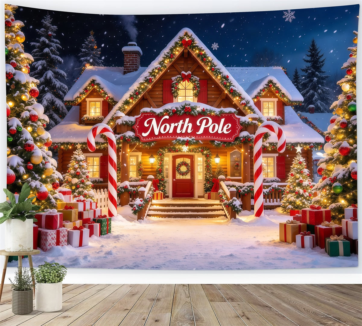 North Pole Photo Backdrop Snowy Lodge Candy Cane Arch Professional Christmas Backdrop UK GQ610-6