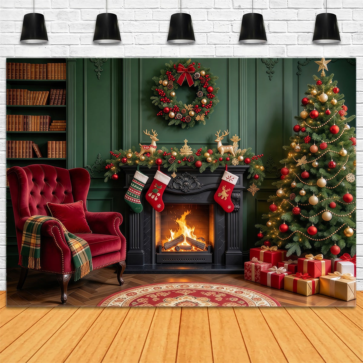 Christmas Fireplace Backdrops Emerald Fireplace Stocking Lounge Christmas Scene Backdrop UK GQ610-60